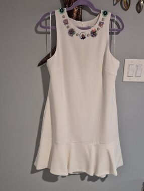 Trina Turk White Mini Dress with Jeweled Floral Neckline